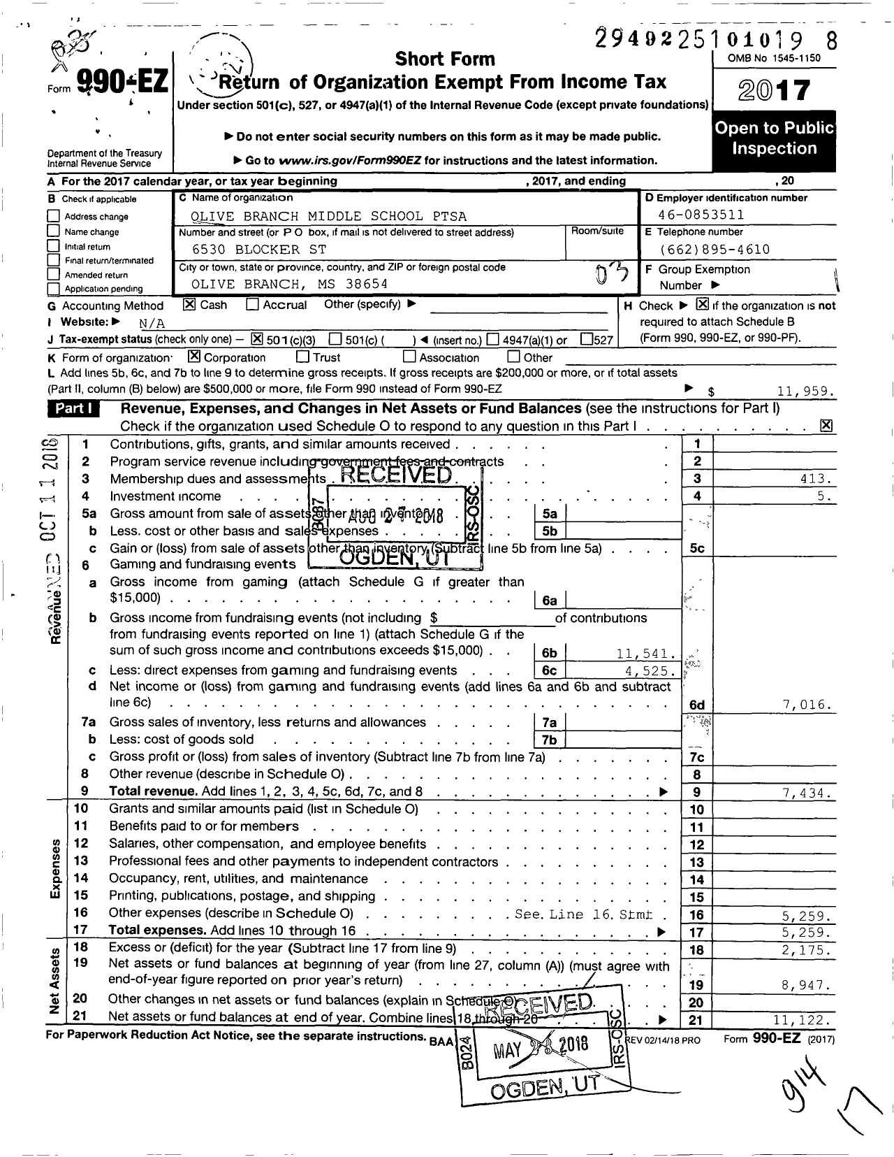 Image of first page of 2017 Form 990EZ for Olive Branch Middle School Ptsa