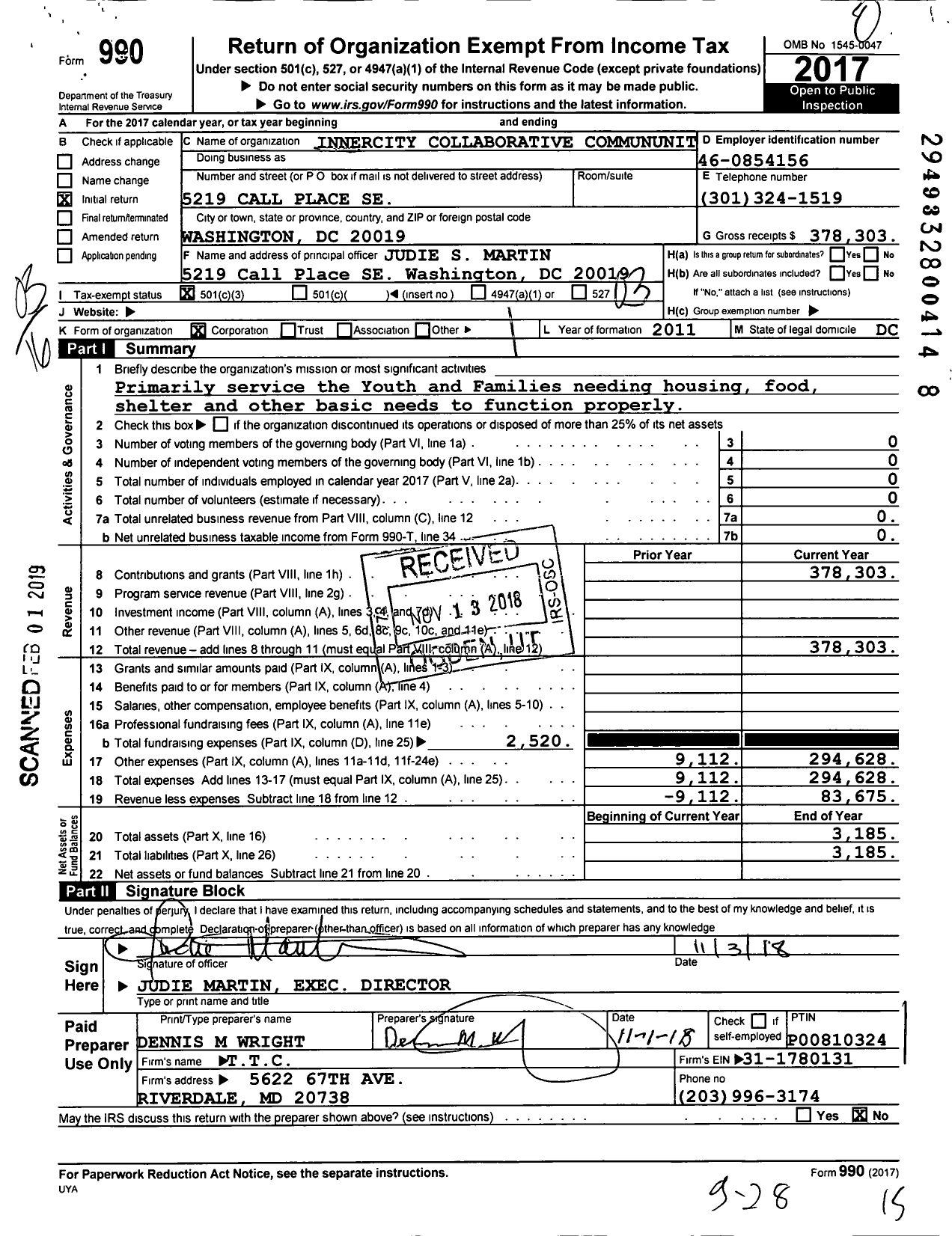 Image of first page of 2017 Form 990 for Innercity Collaborative CDC