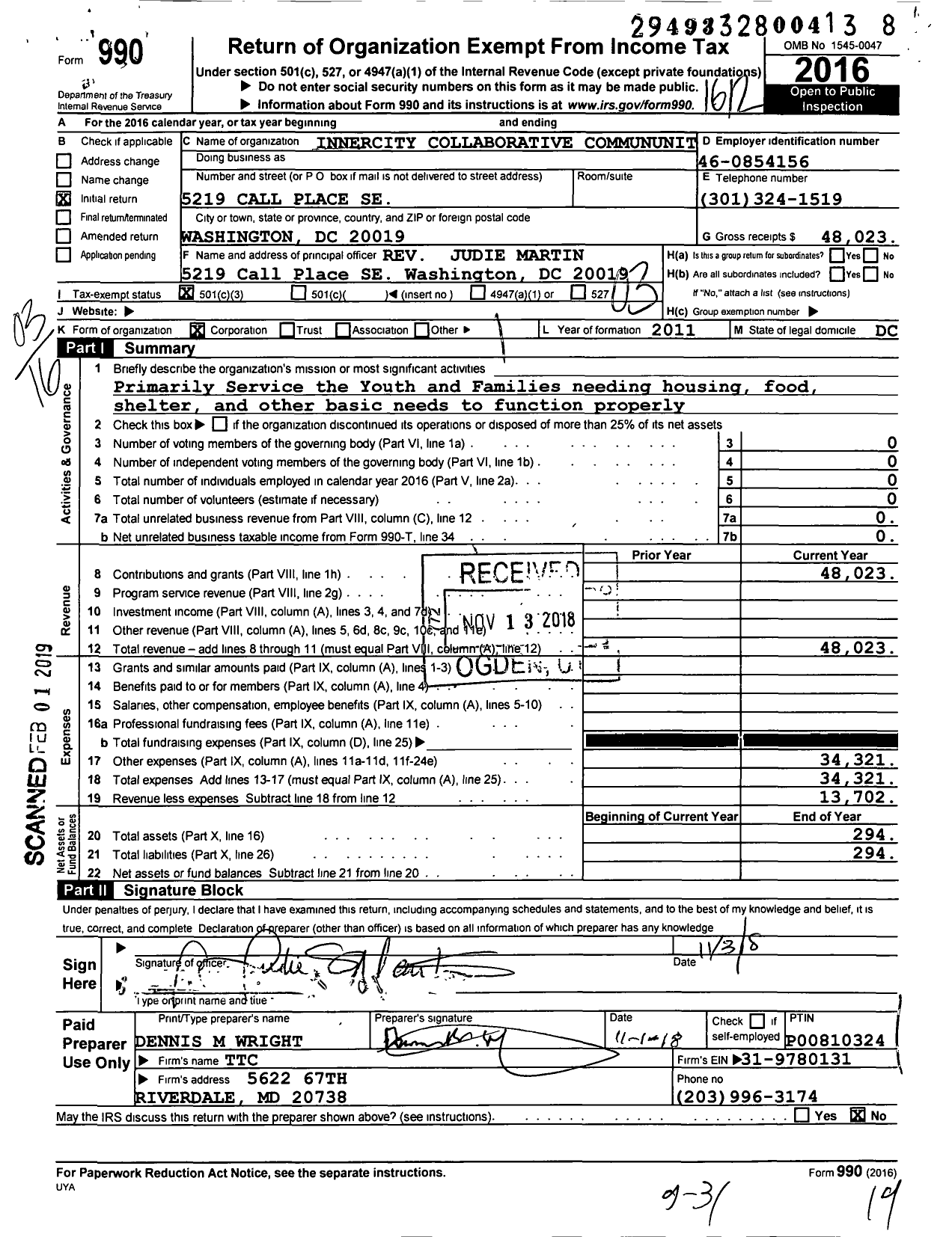 Image of first page of 2016 Form 990 for Innercity Collaborative CDC