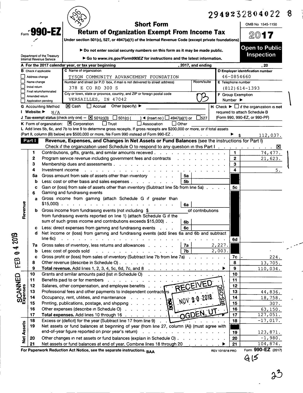 Image of first page of 2017 Form 990EZ for Tyson Community Advancement Foundation