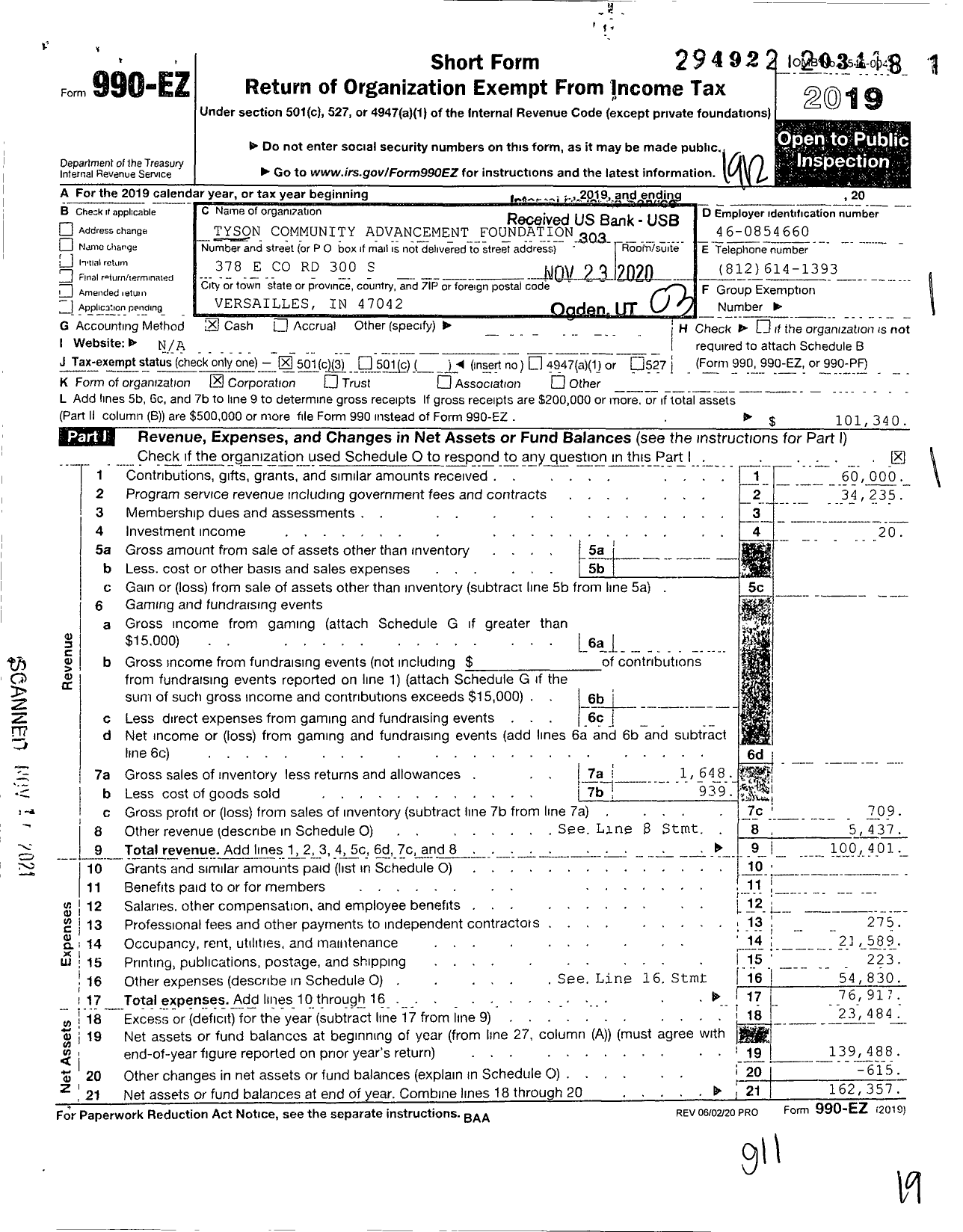 Image of first page of 2019 Form 990EZ for Tyson Community Advancement Foundation