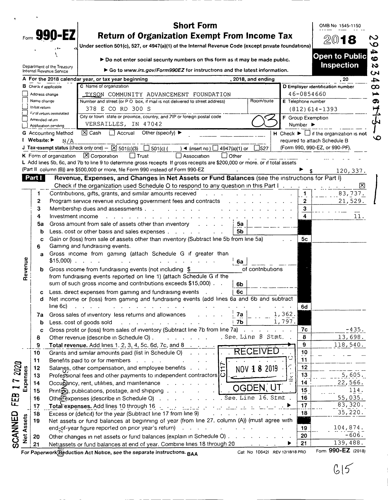 Image of first page of 2018 Form 990EZ for Tyson Community Advancement Foundation