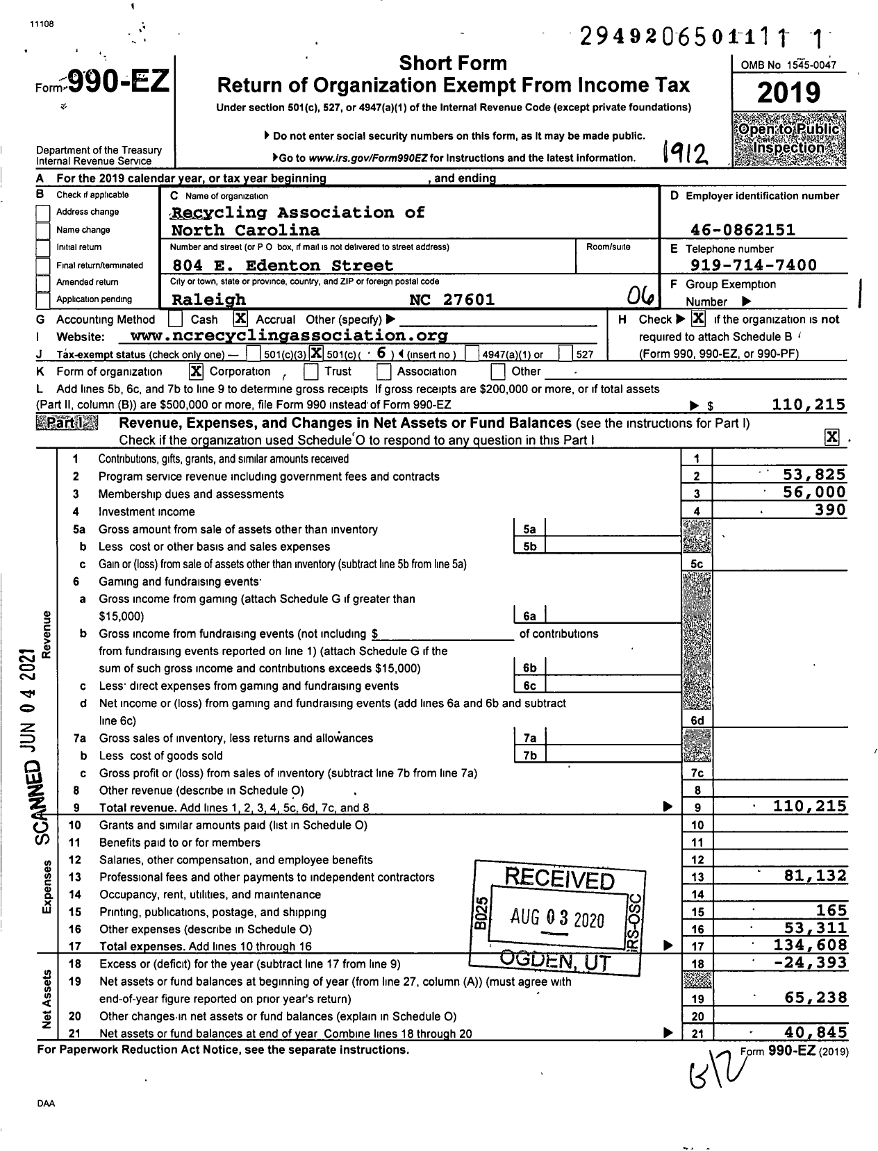 Image of first page of 2019 Form 990EO for Recycling Association of North Carolina