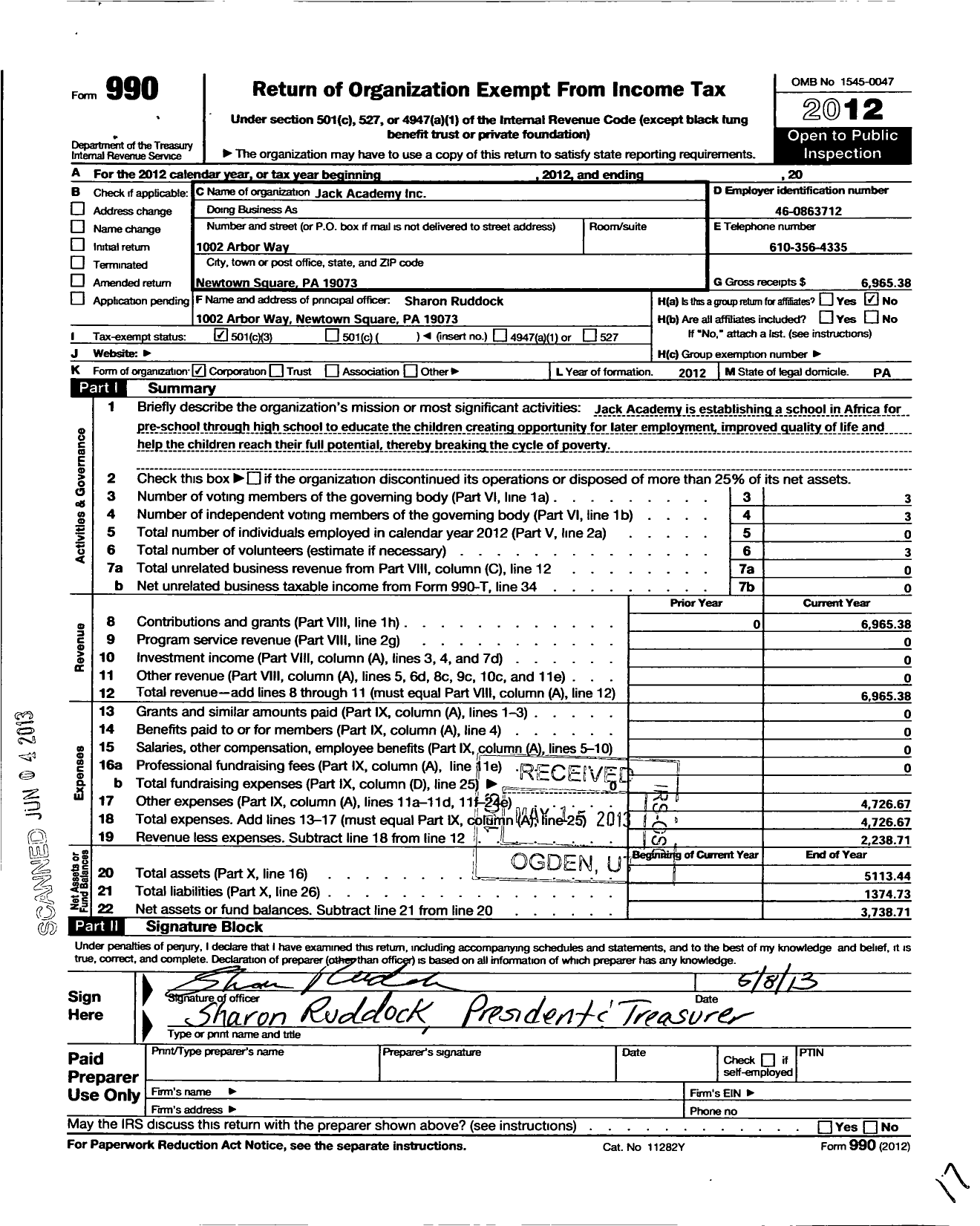 Image of first page of 2012 Form 990 for Jack Academy