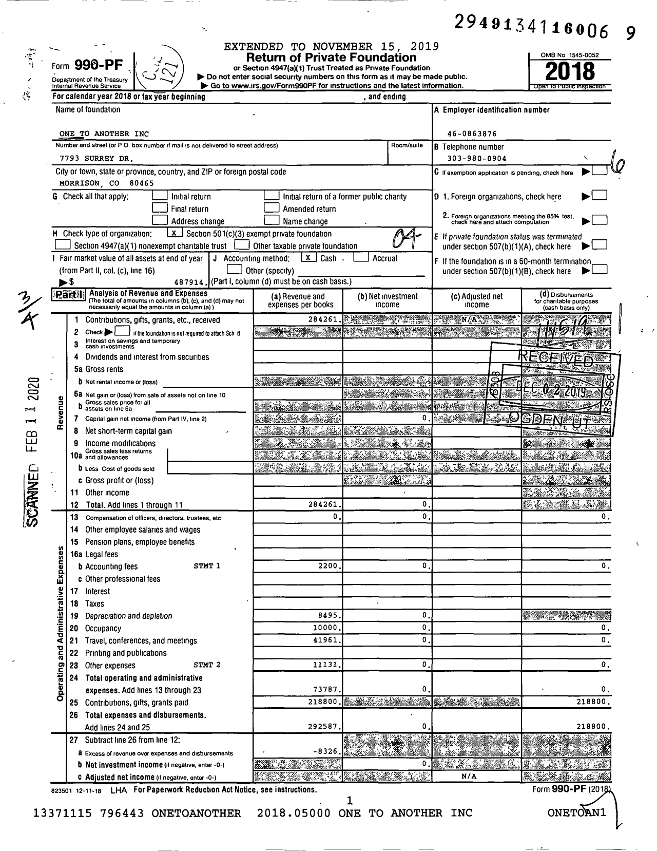 Image of first page of 2018 Form 990PF for One To Another