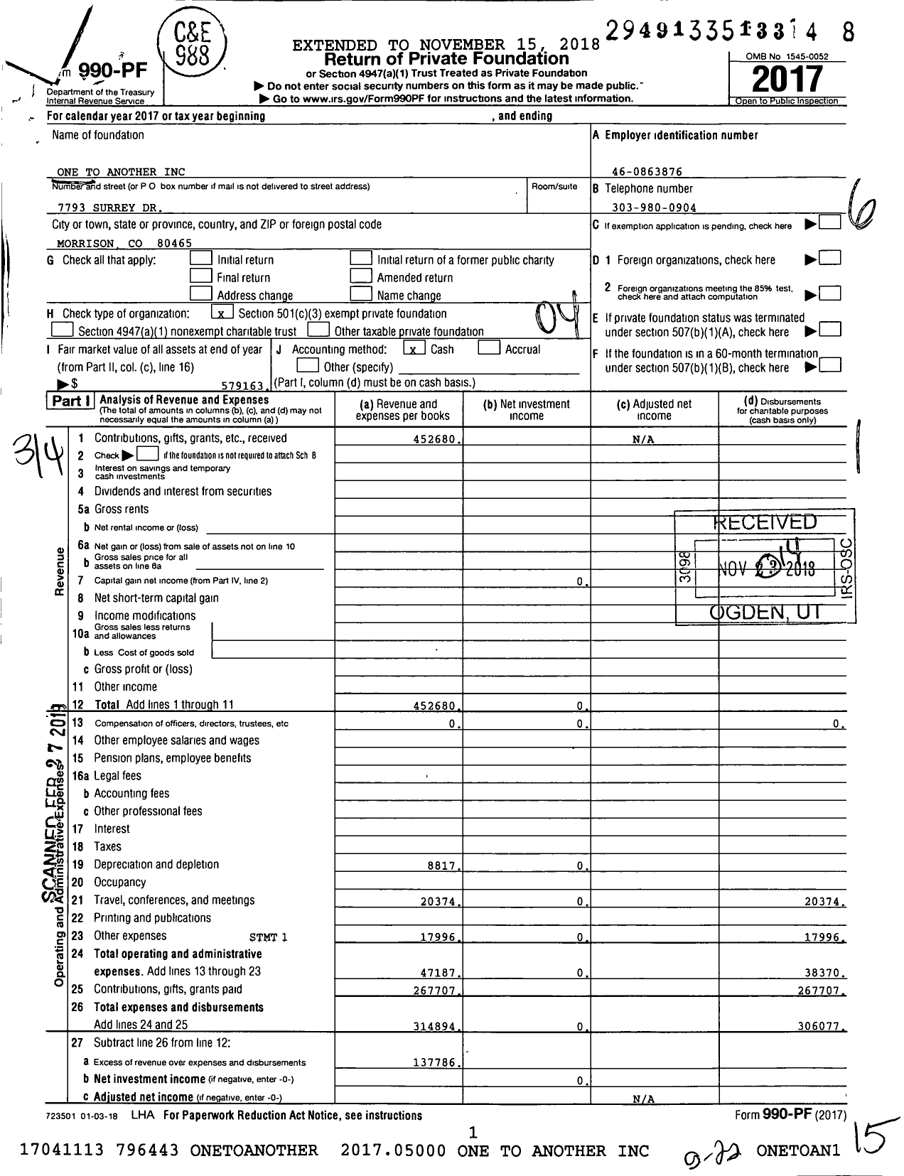 Image of first page of 2017 Form 990PF for One To Another