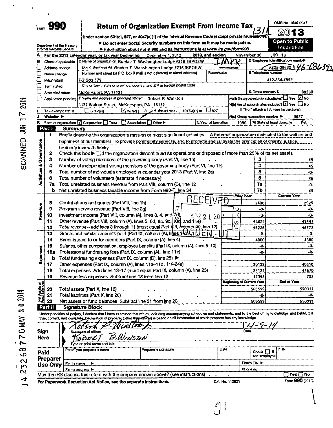 Image of first page of 2012 Form 990O for Improved Benevolent and Protective Order of Elks of the World - 218 Booker T Washington Lodge