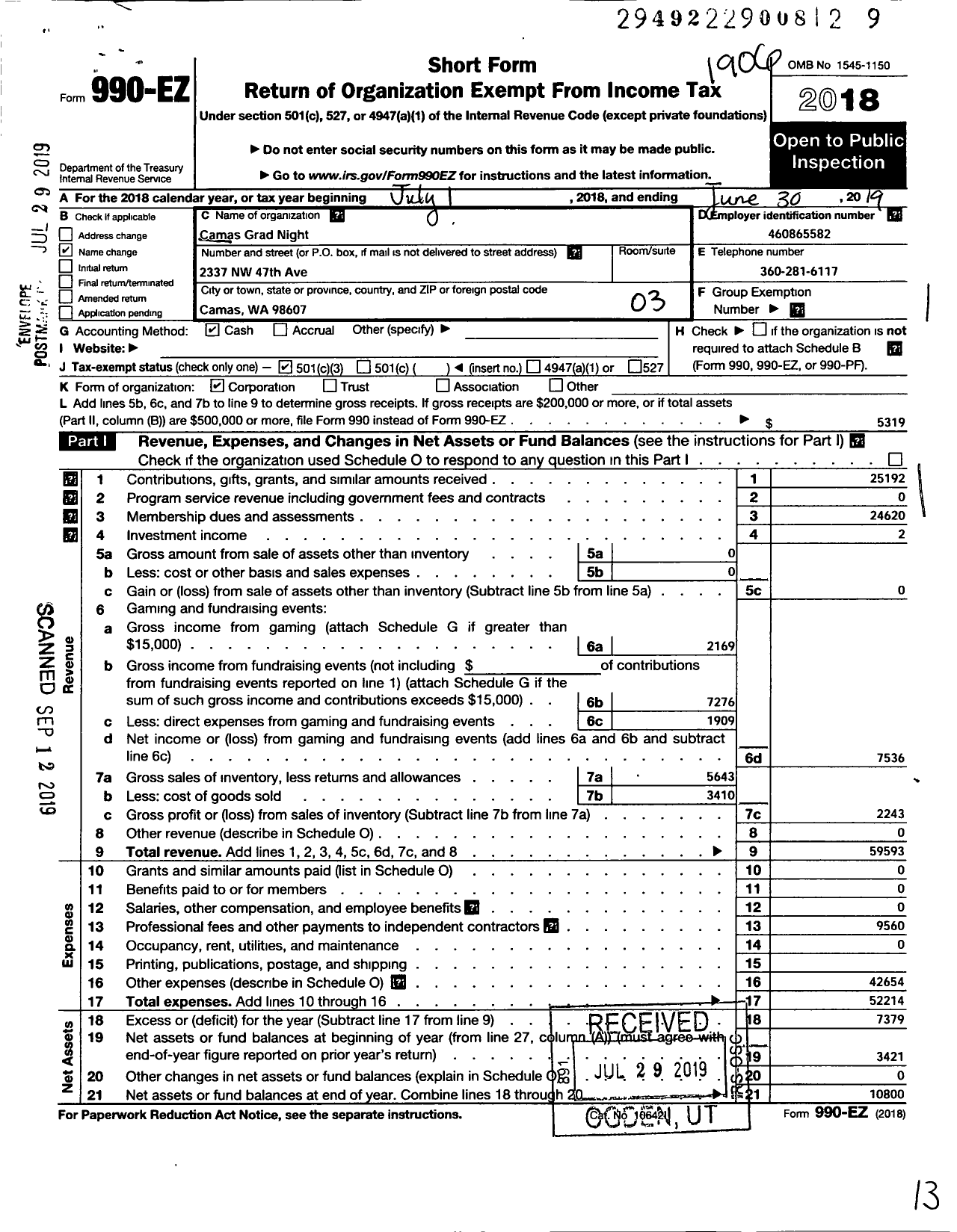 Image of first page of 2018 Form 990EZ for Camas Grad Night