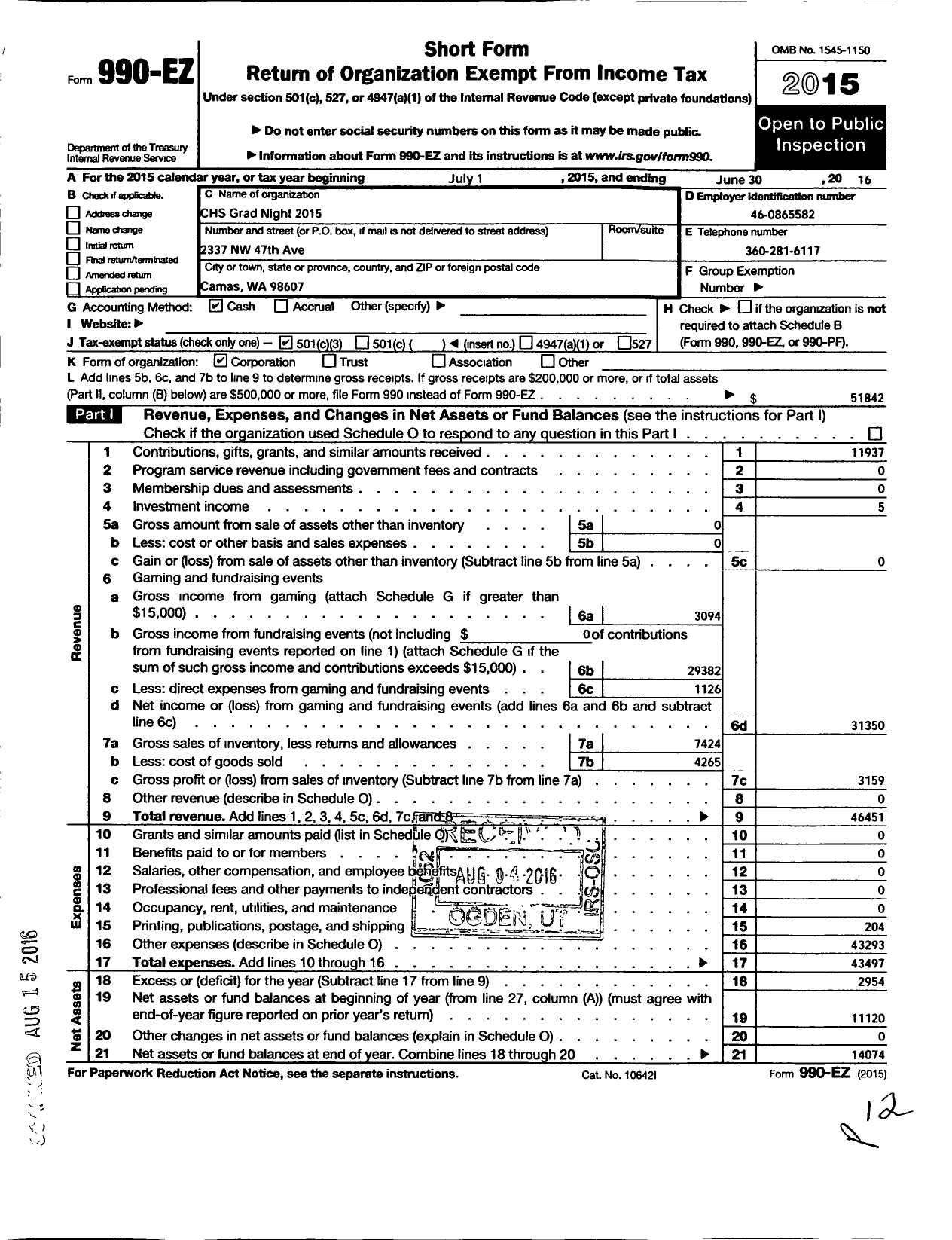Image of first page of 2015 Form 990EZ for Camas Grad Night
