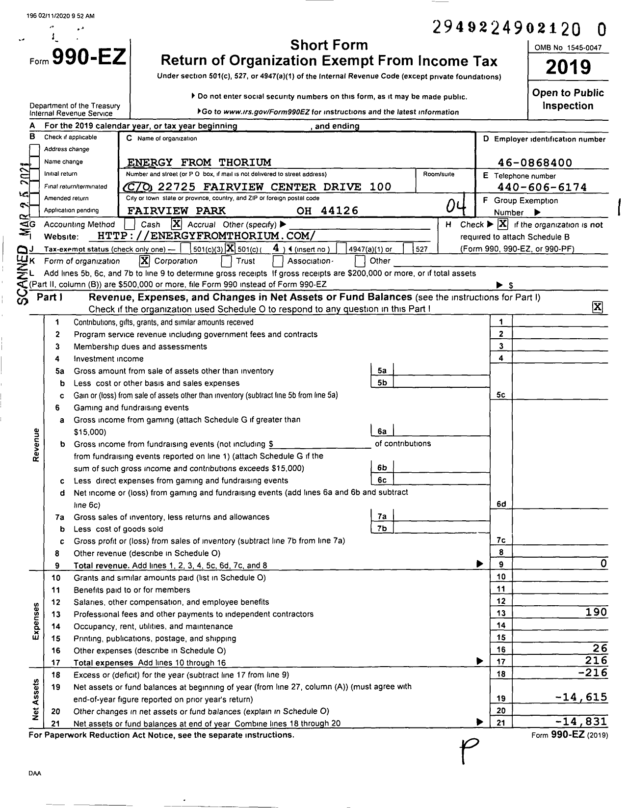 Image of first page of 2019 Form 990EO for Energy From Thorium