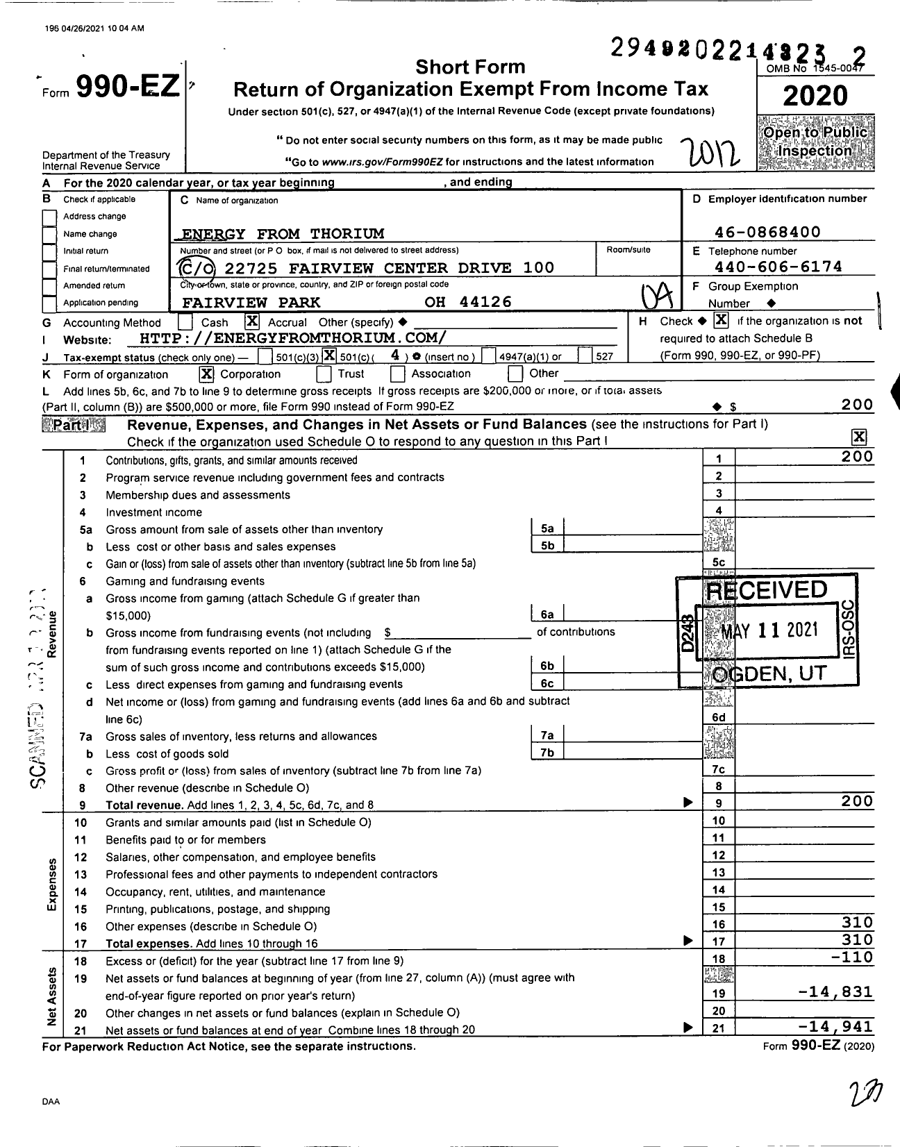 Image of first page of 2020 Form 990EO for Energy From Thorium