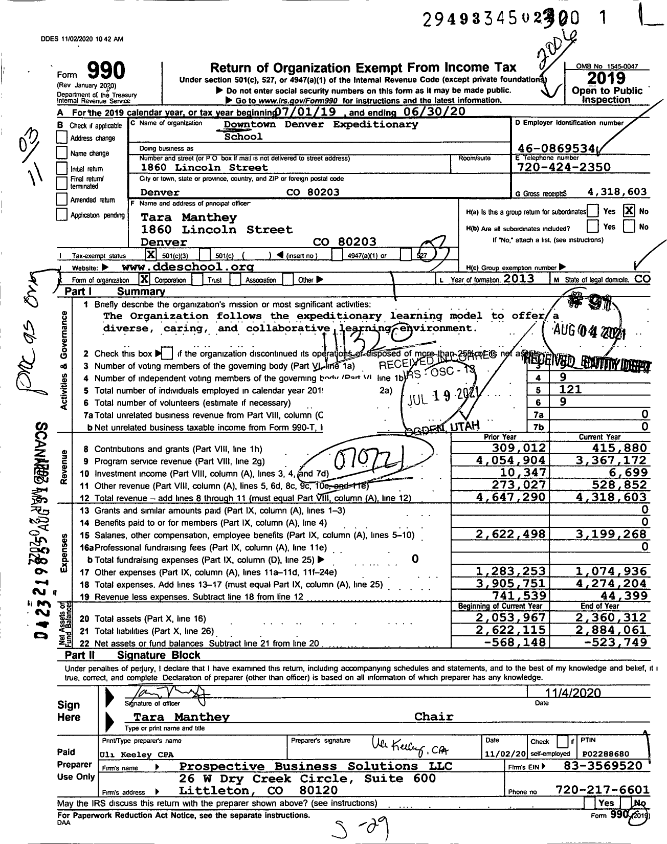 Image of first page of 2019 Form 990 for Downtown Denver Expeditionary School