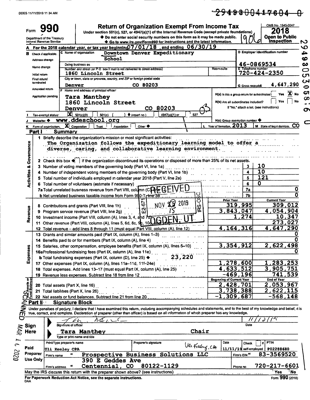 Image of first page of 2018 Form 990 for Downtown Denver Expeditionary School