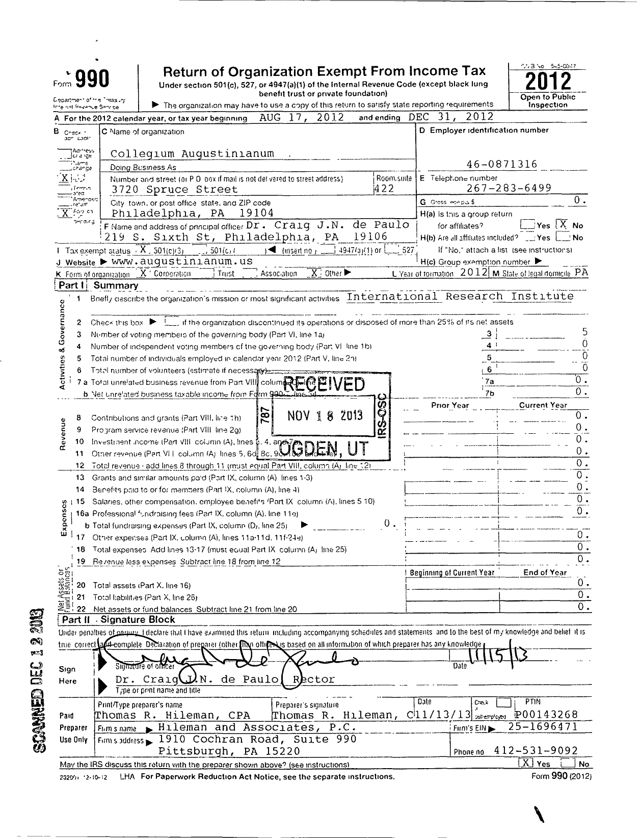 Image of first page of 2012 Form 990 for Collegium Augustinianum