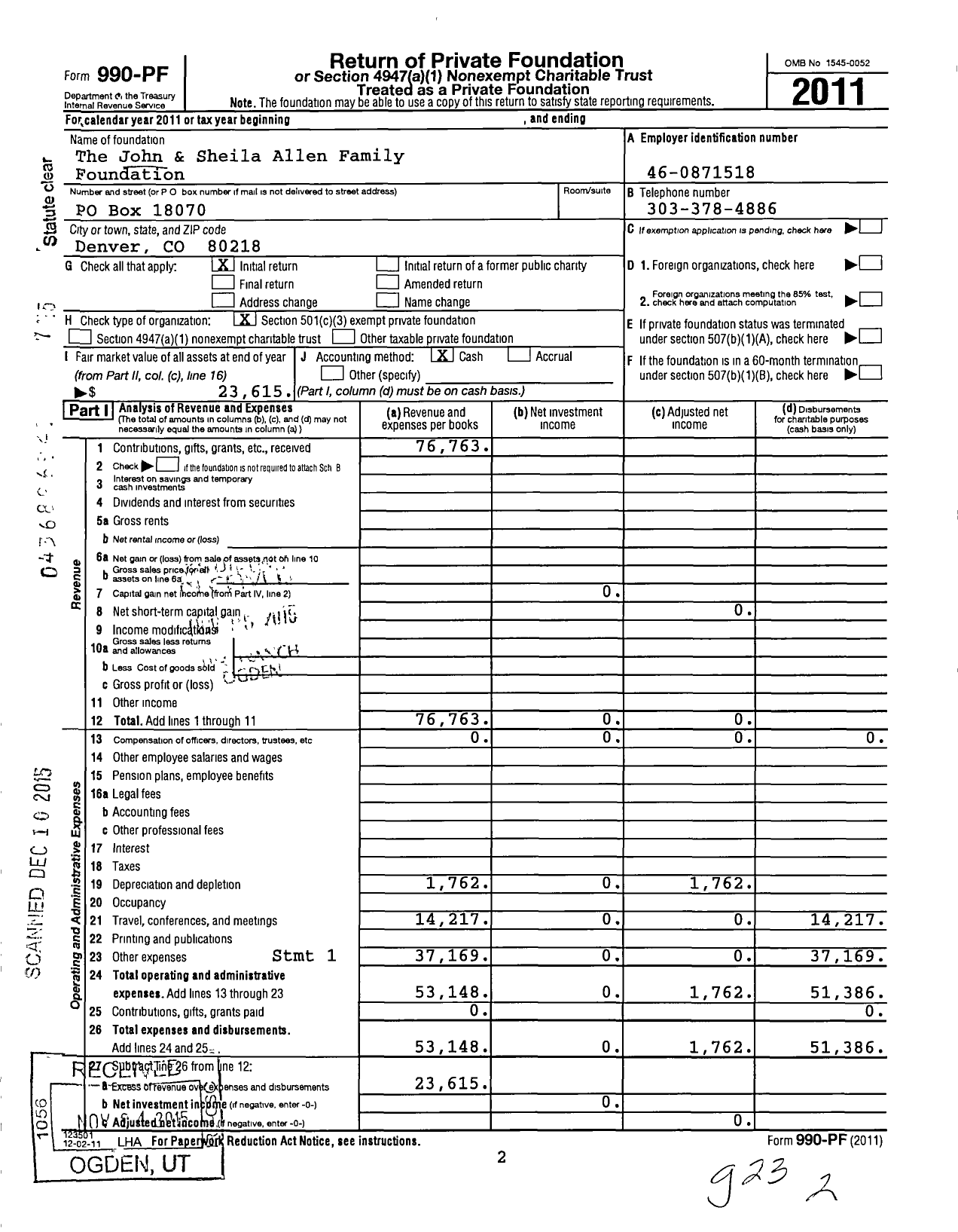 Image of first page of 2011 Form 990PF for The John & Sheila Allen Family Foundation