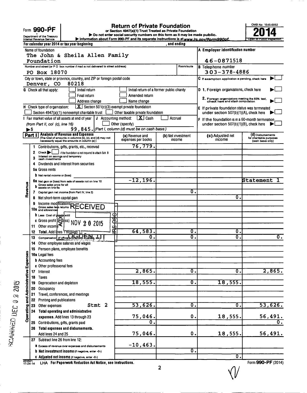 Image of first page of 2014 Form 990PF for The John & Sheila Allen Family Foundation