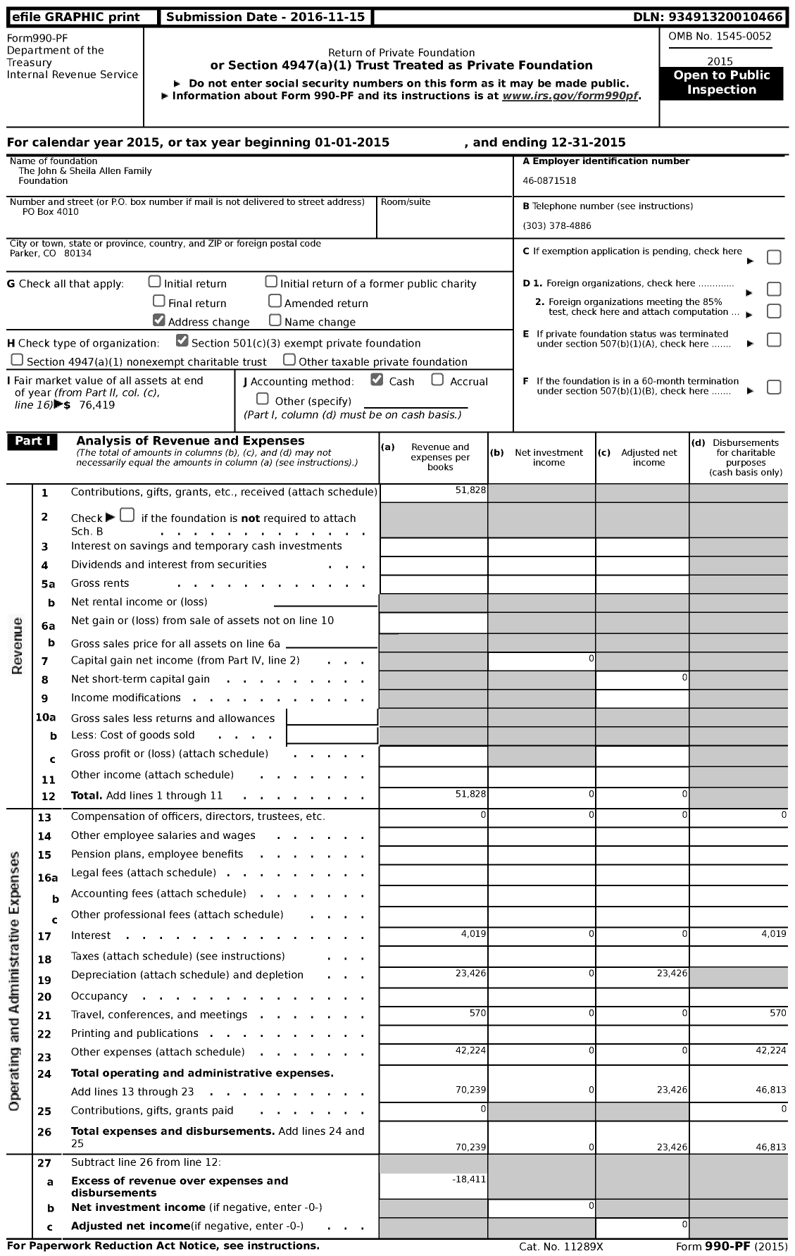 Image of first page of 2015 Form 990PF for The John & Sheila Allen Family Foundation