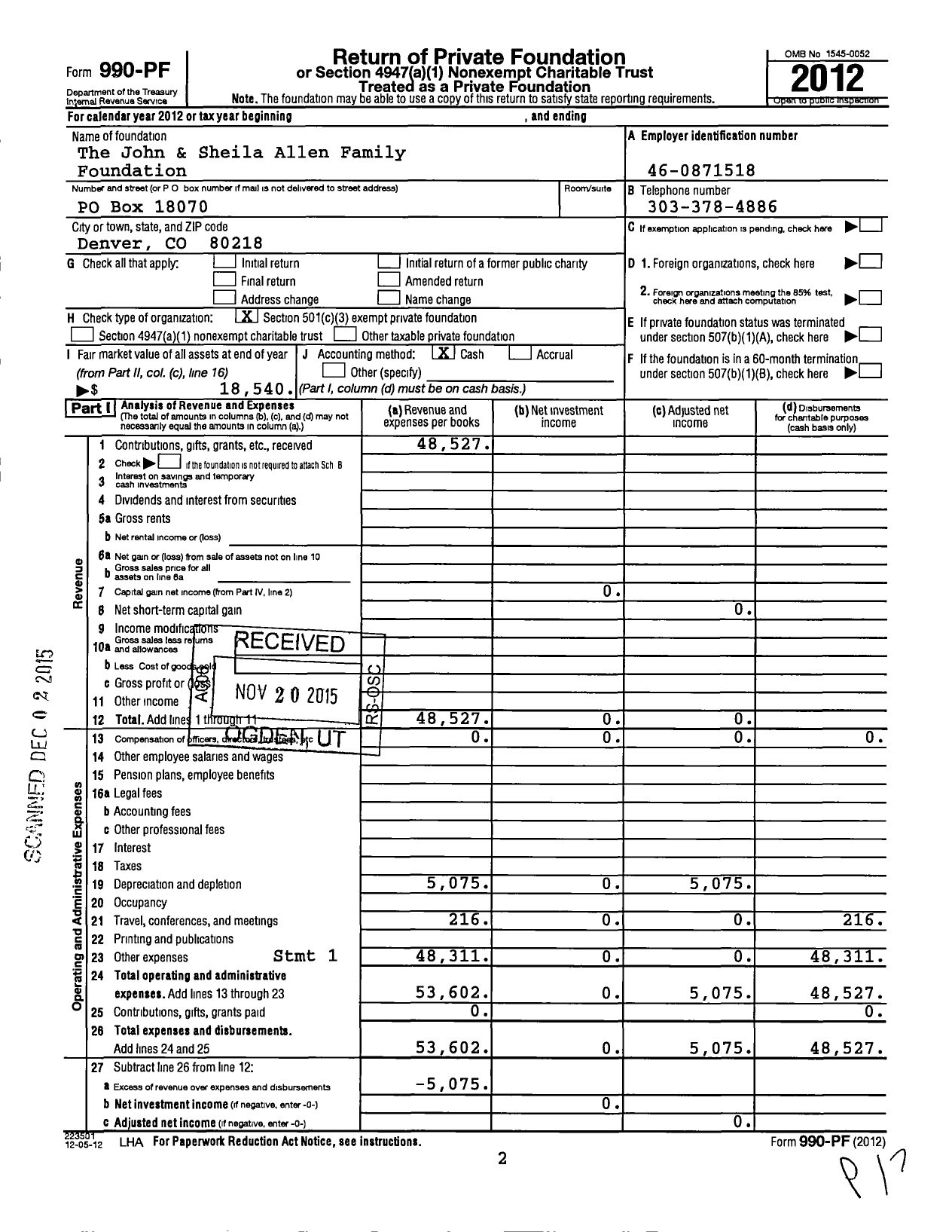 Image of first page of 2012 Form 990PF for The John & Sheila Allen Family Foundation