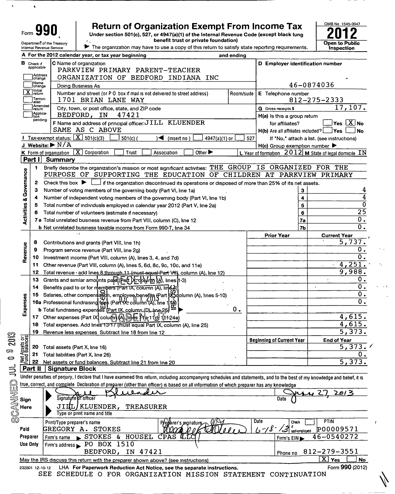 Image of first page of 2012 Form 990 for Parkview Primary Parent-Teacher Organization of Bedford Indiana