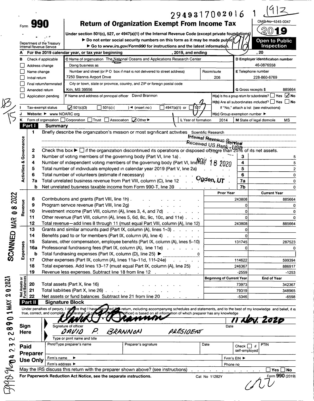 Image of first page of 2019 Form 990 for National Oceans and Applications Research Center