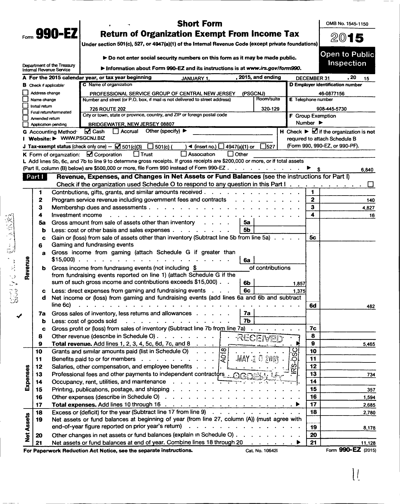 Image of first page of 2015 Form 990EZ for PSGCNJ Professional Service Group Central New Jersey