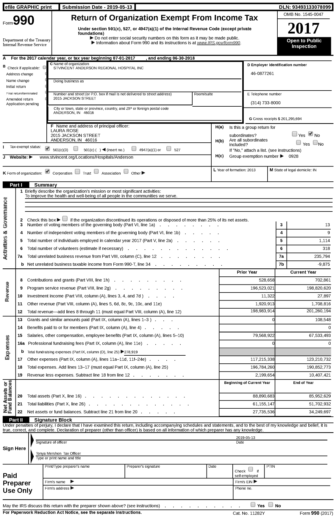 Image of first page of 2017 Form 990 for St. Vincent Anderson Regional Hospital