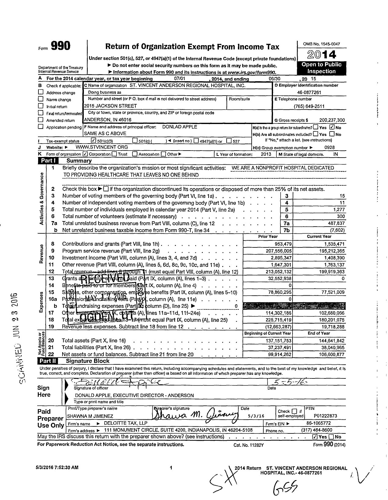 Image of first page of 2014 Form 990 for St. Vincent Anderson Regional Hospital