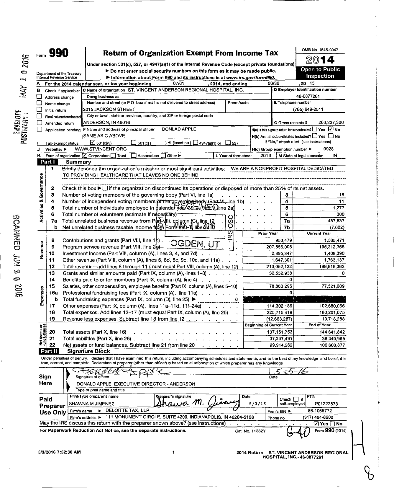 Image of first page of 2014 Form 990 for St. Vincent Anderson Regional Hospital