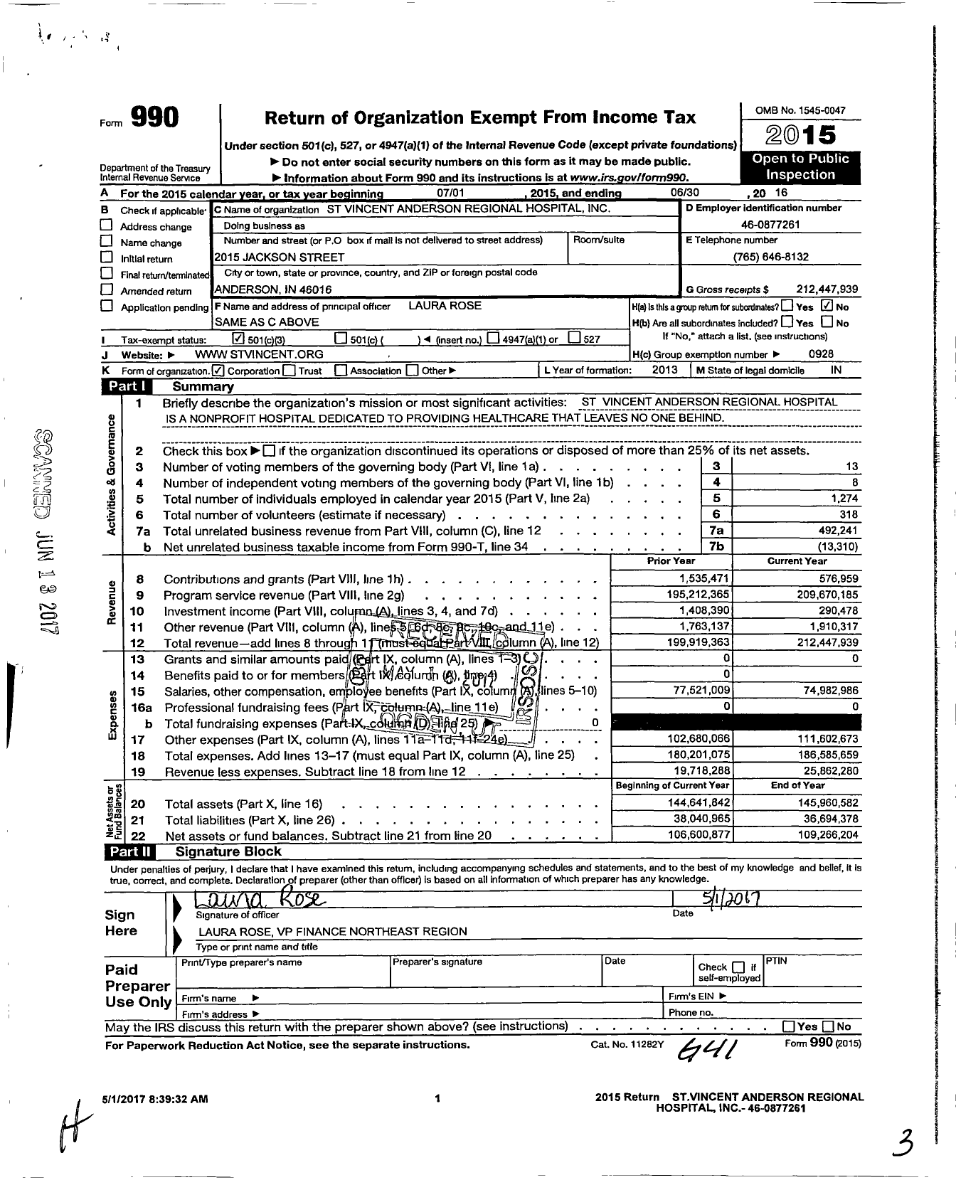 Image of first page of 2015 Form 990 for St. Vincent Anderson Regional Hospital