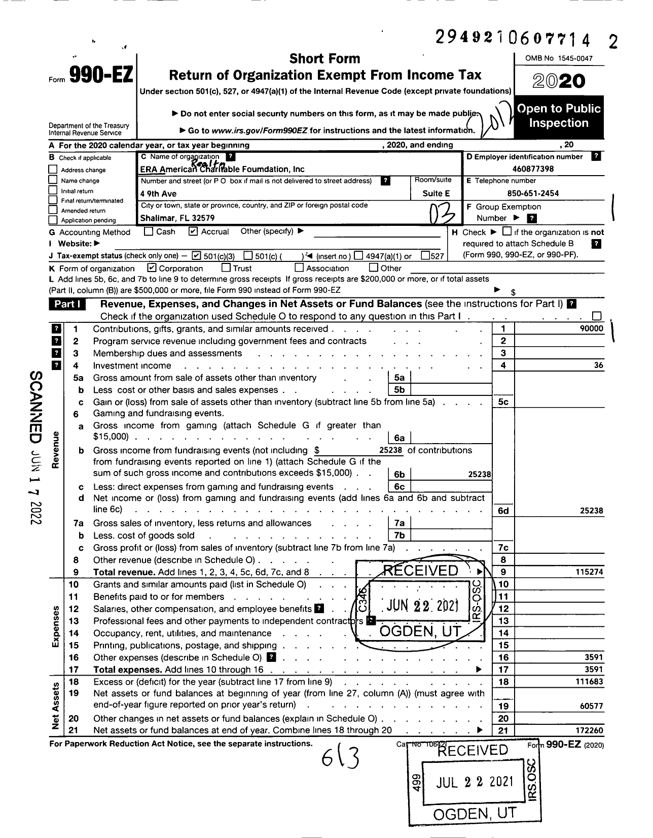 Image of first page of 2020 Form 990EZ for Era American Realty Charitable Foun