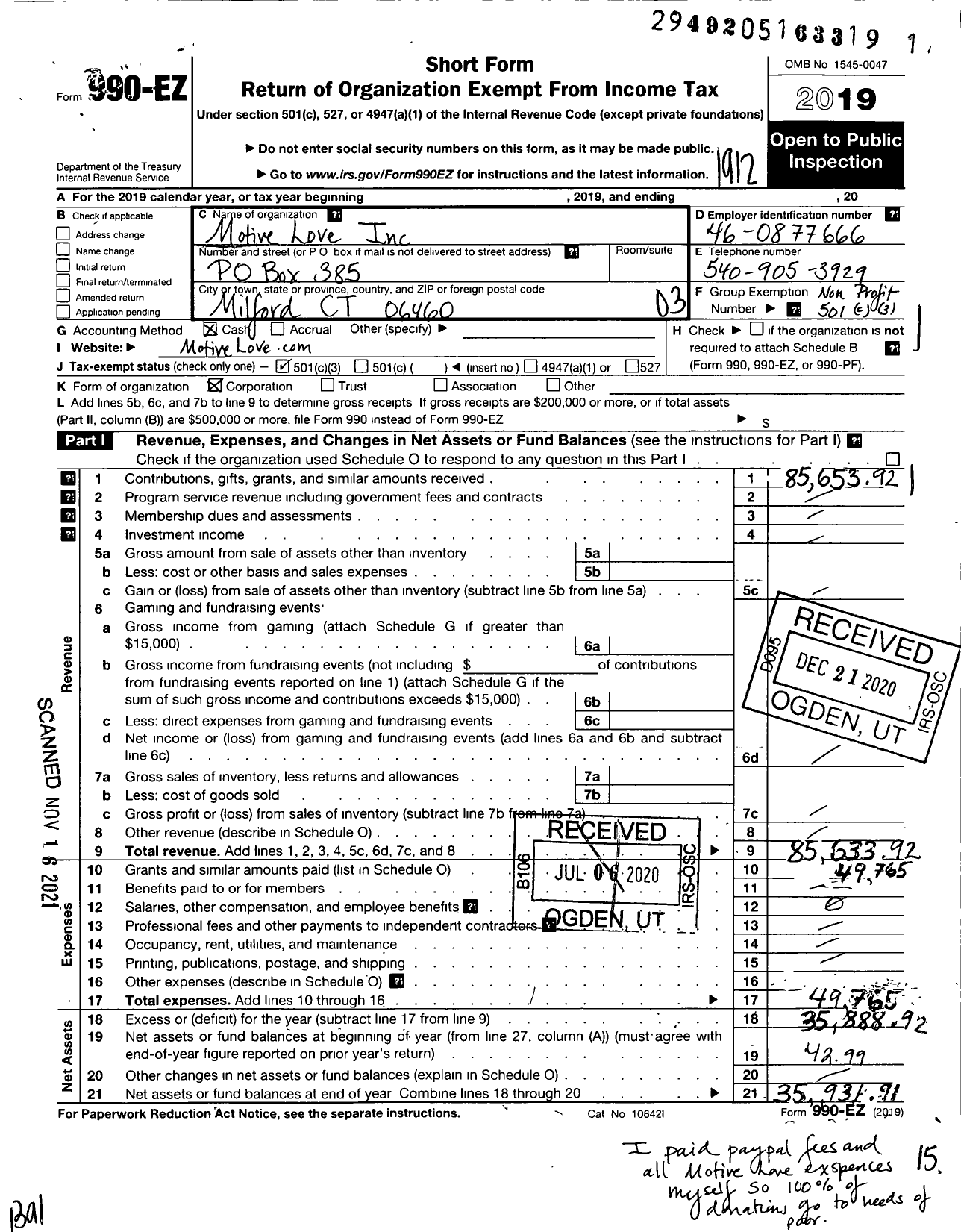 Image of first page of 2019 Form 990EZ for Motive Love