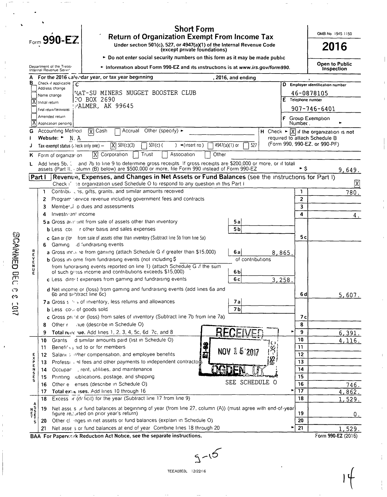 Image of first page of 2016 Form 990EZ for Mat-Su Miners Nugget Booster Club