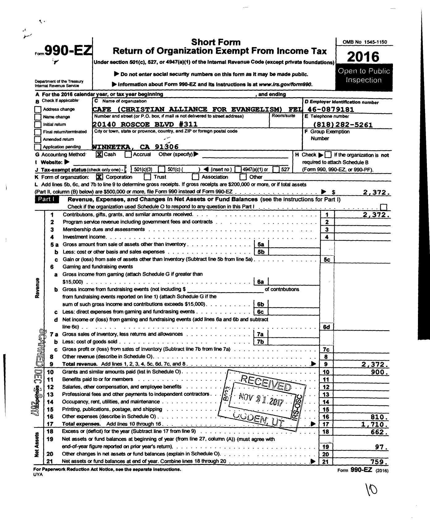 Image of first page of 2016 Form 990EO for Cafe