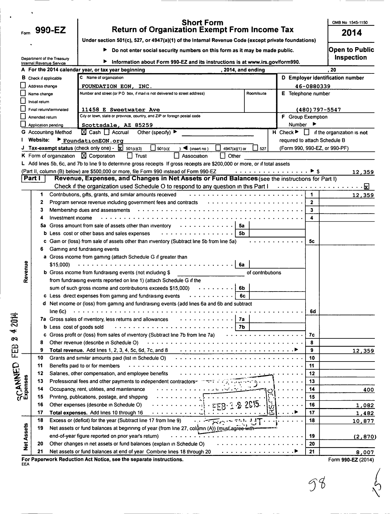 Image of first page of 2014 Form 990EZ for Foundation Eon