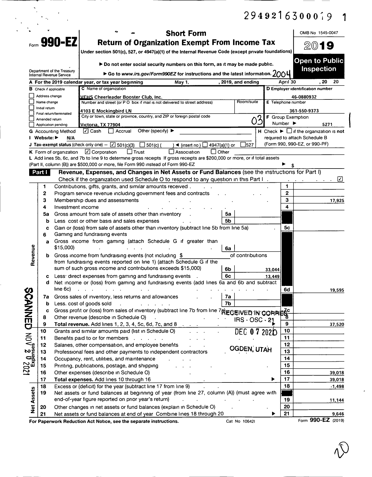 Image of first page of 2019 Form 990EZ for Parent Booster USA / Vehs Cheerleader Booster Club