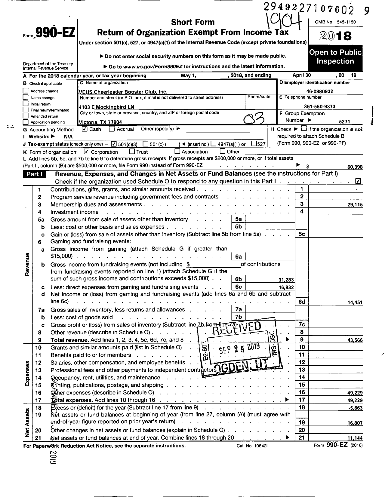 Image of first page of 2018 Form 990EZ for Parent Booster USA / Vehs Cheerleader Booster Club