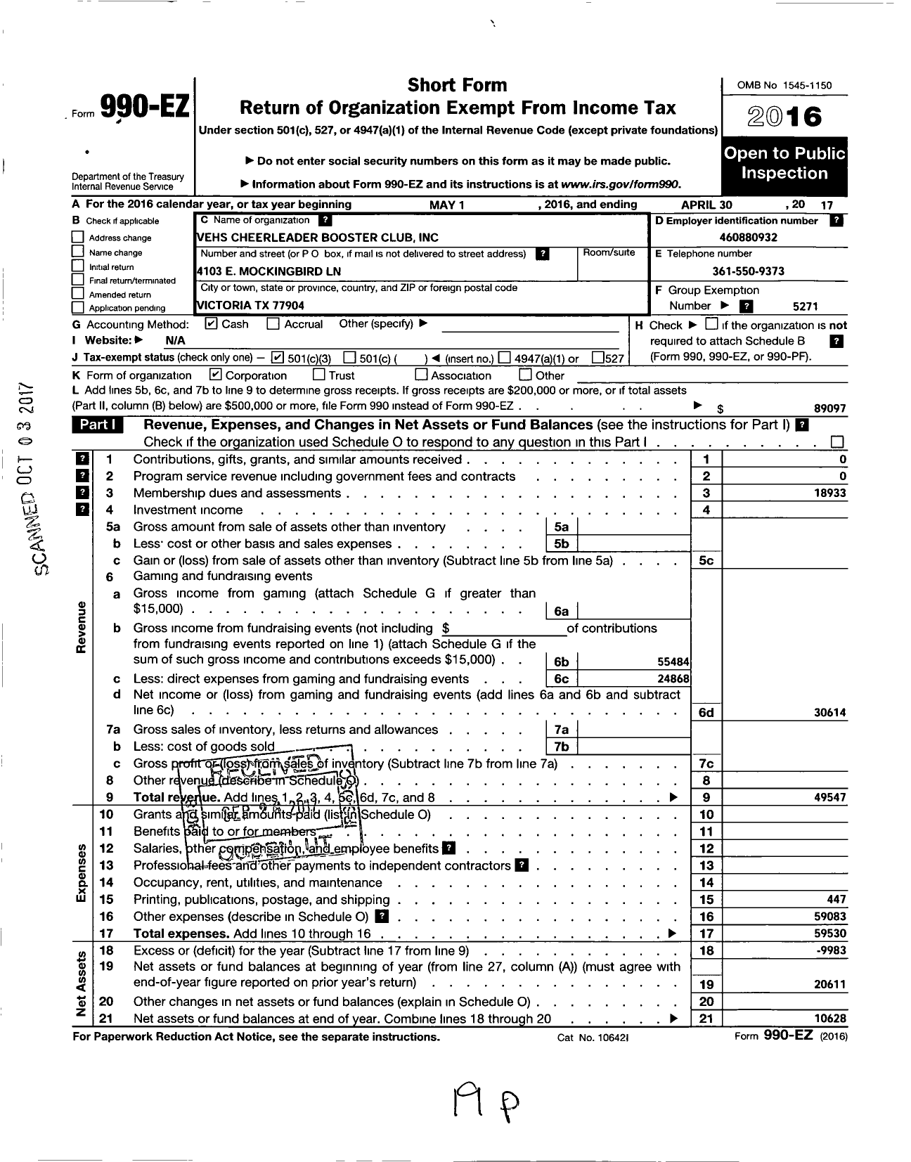 Image of first page of 2016 Form 990EZ for Parent Booster USA / Vehs Cheerleader Booster Club