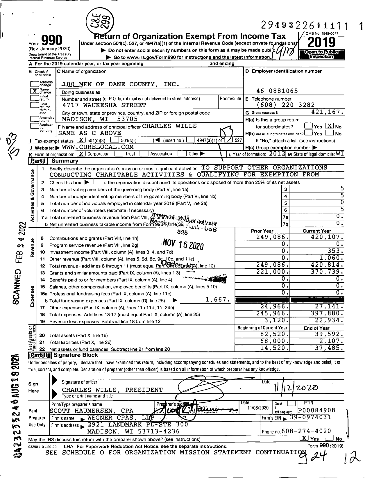 Image of first page of 2019 Form 990 for 100 Men of Dane County