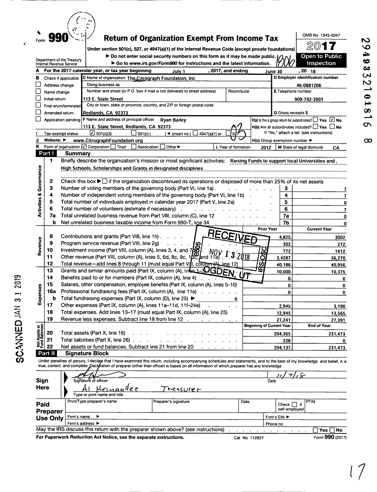 Image of first page of 2017 Form 990 for CITrOGRAPH FOUNDATION