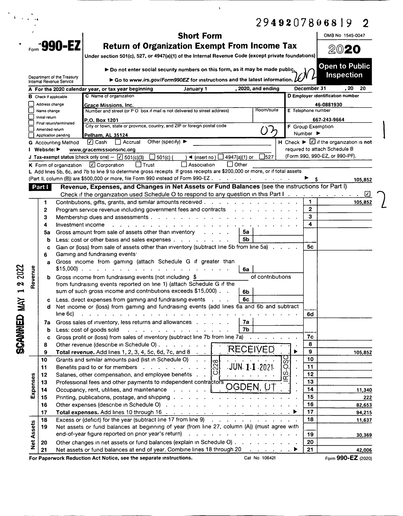 Image of first page of 2020 Form 990EZ for Grace Missions