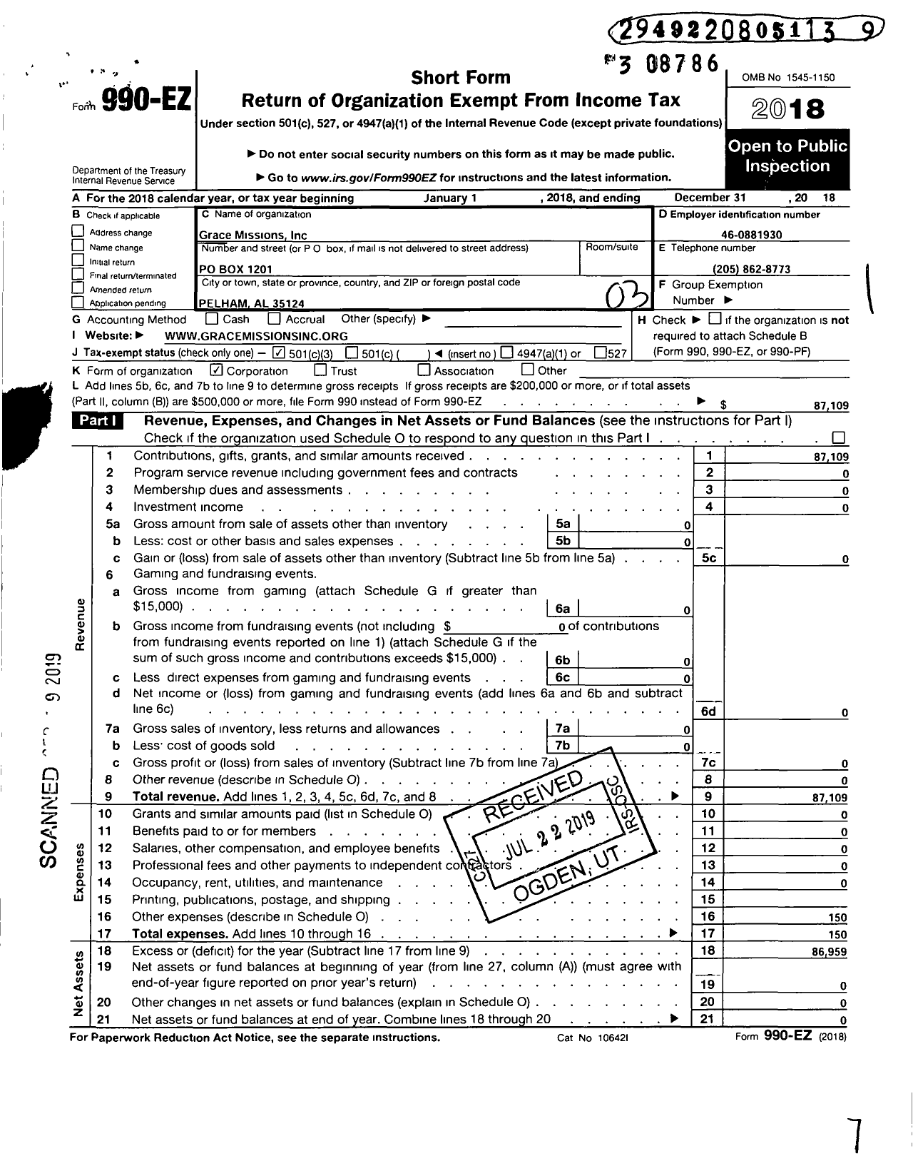 Image of first page of 2018 Form 990EZ for Grace Missions