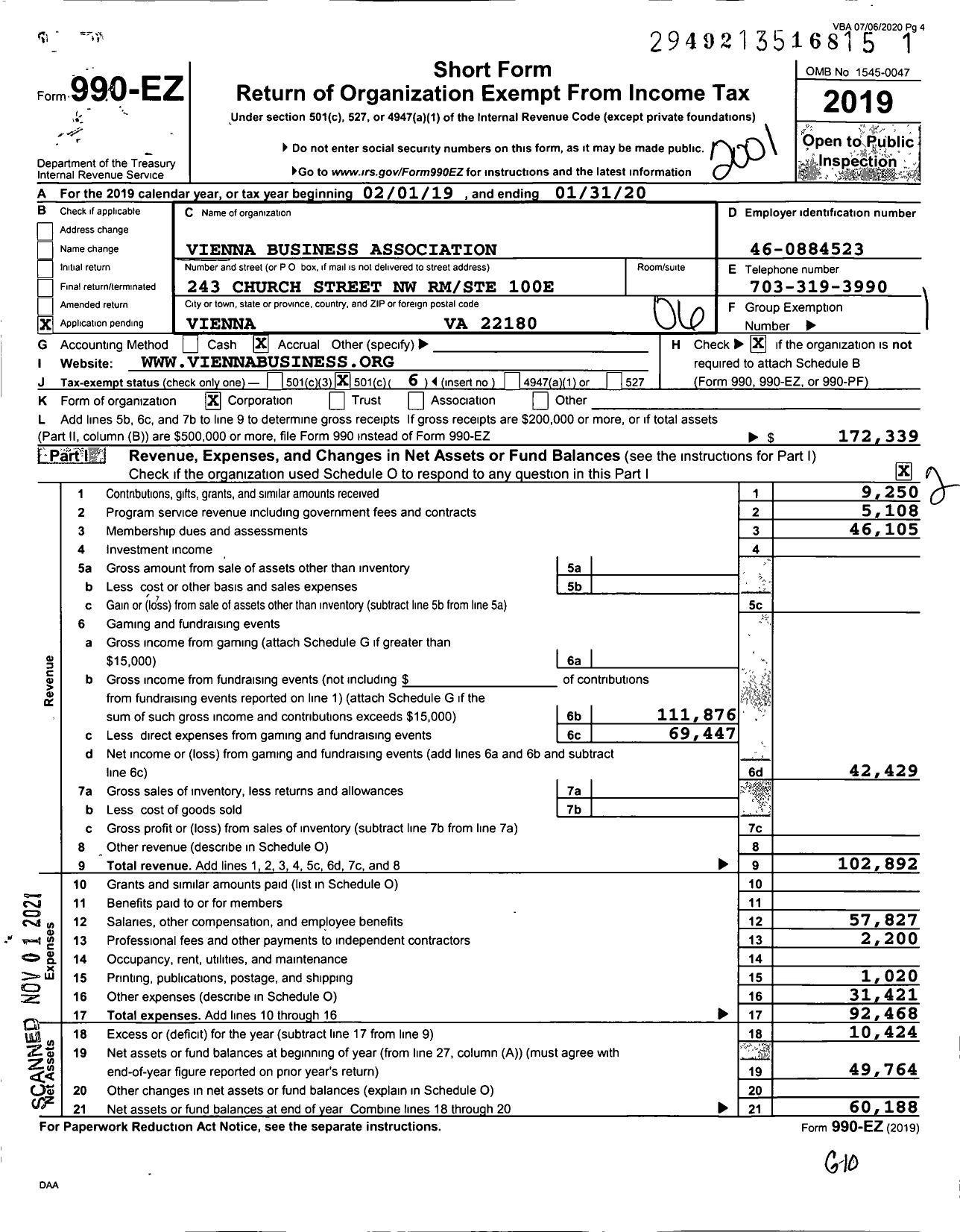 Image of first page of 2019 Form 990EO for Vienna Business Association