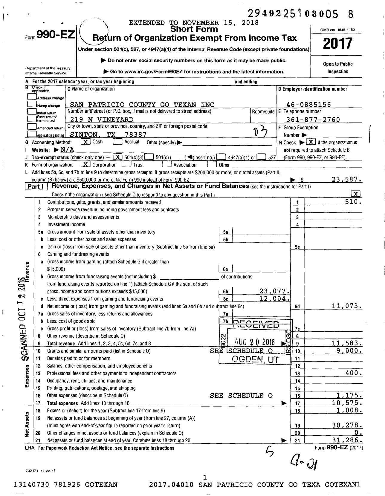 Image of first page of 2017 Form 990EZ for San Patricio County Go Texan