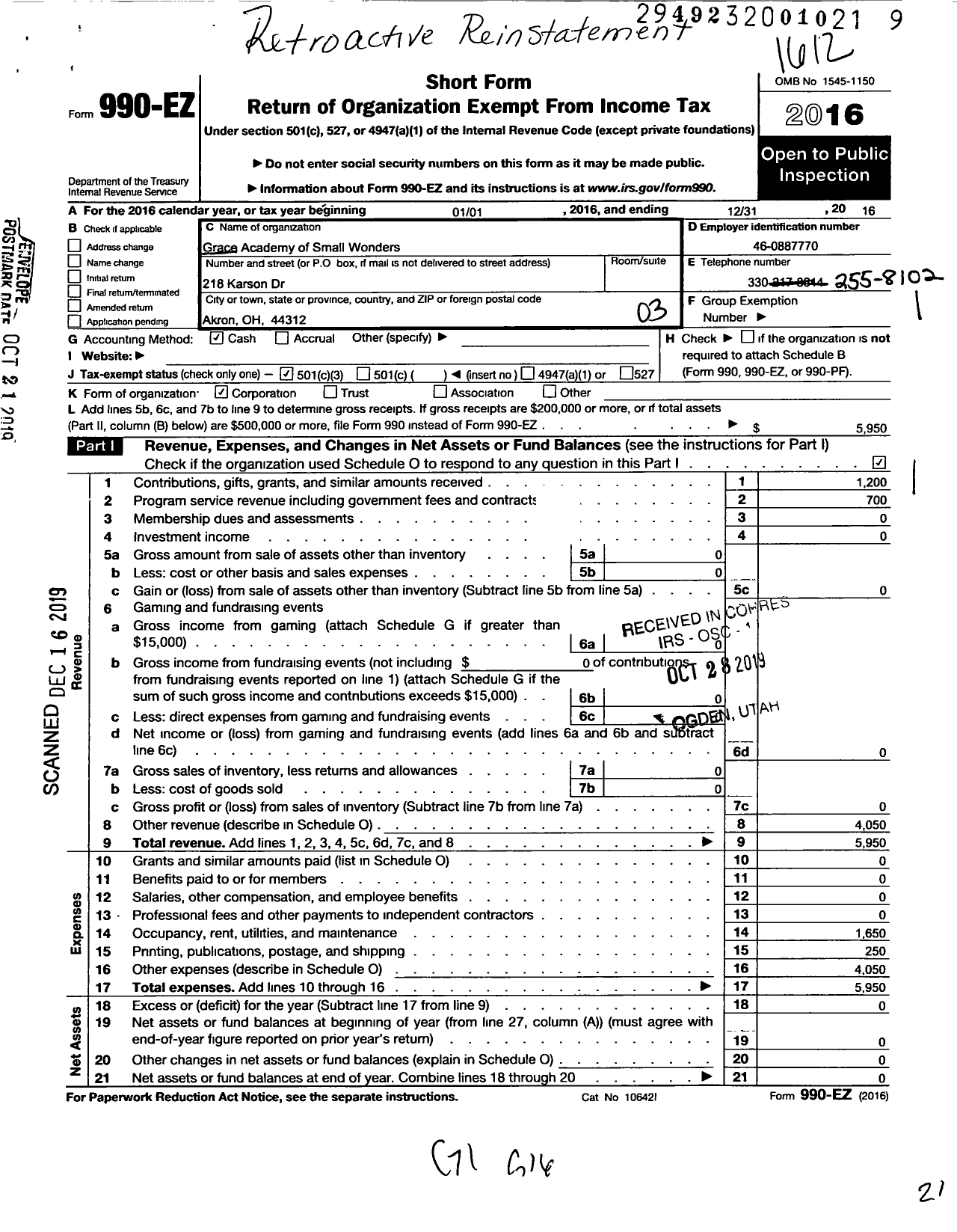 Image of first page of 2016 Form 990EZ for Grace Academy of Small Wonders