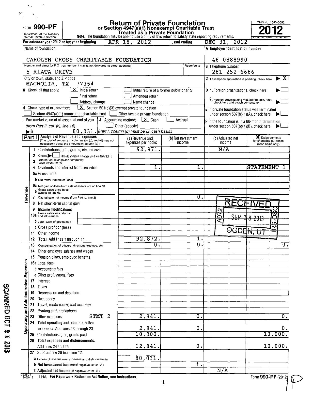 Image of first page of 2012 Form 990PF for Carolyn Cross Charitable Foundation