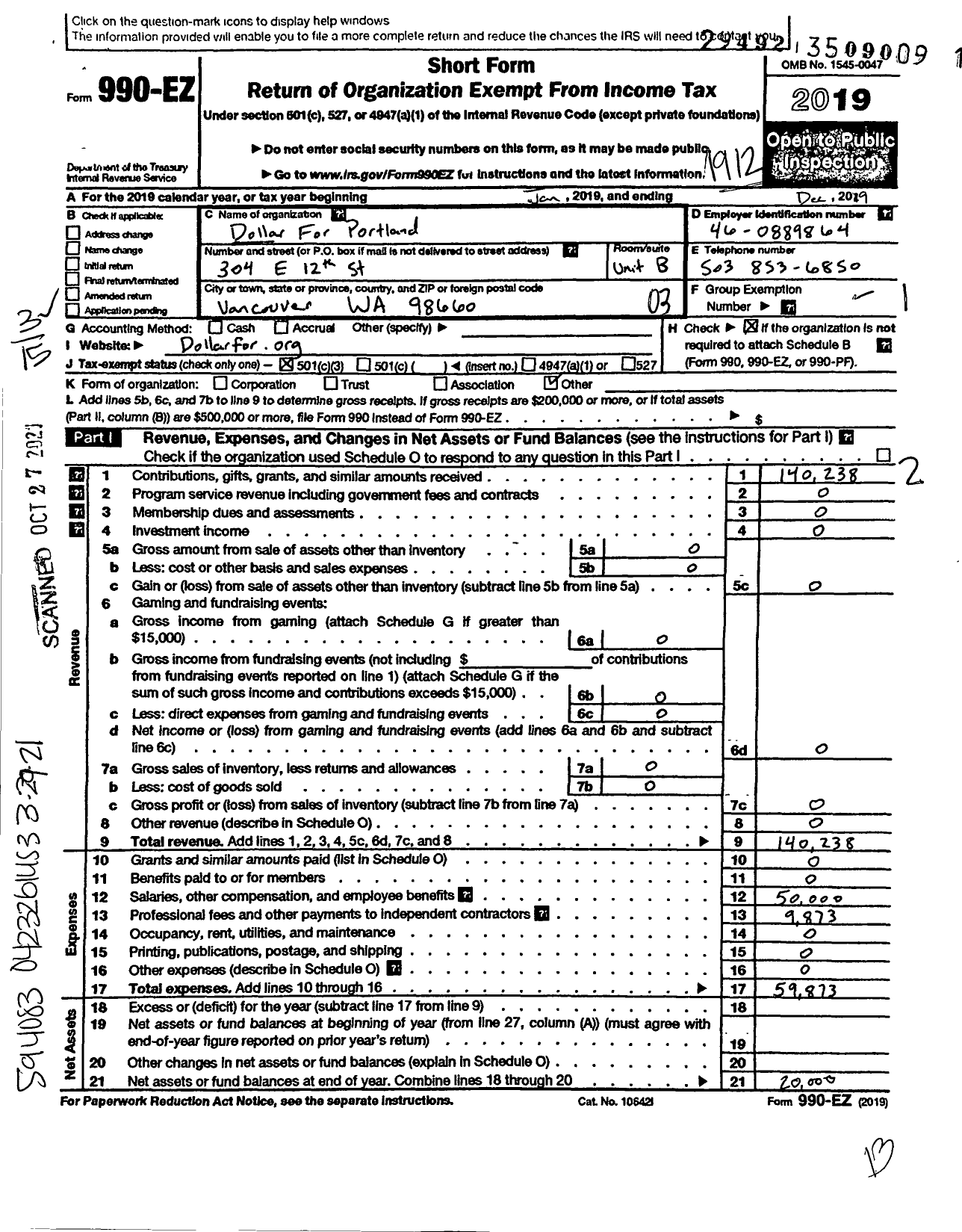 Image of first page of 2019 Form 990EZ for Dollar for