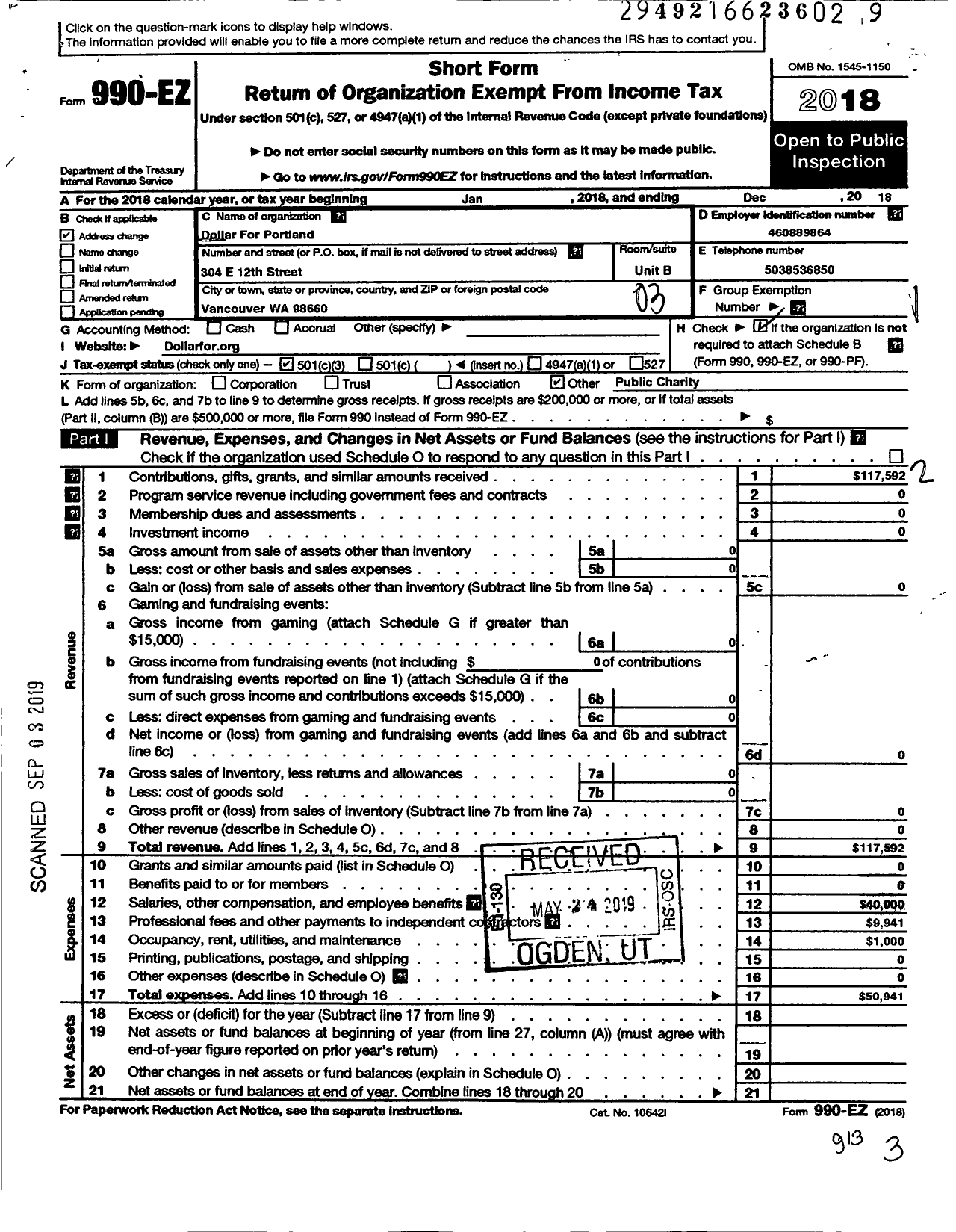 Image of first page of 2018 Form 990EZ for Dollar for