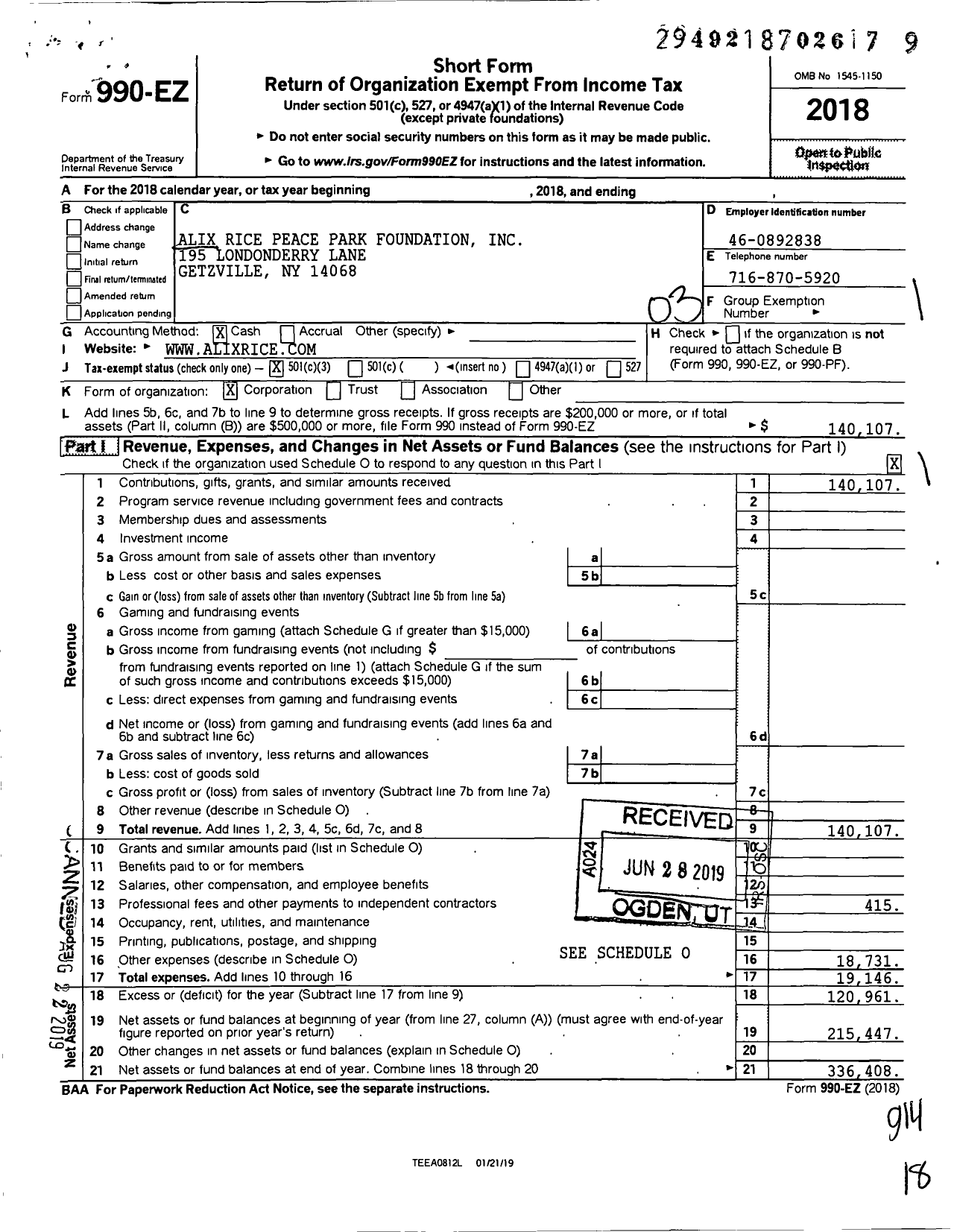 Image of first page of 2018 Form 990EZ for Alix Rice Peace Park Foundation