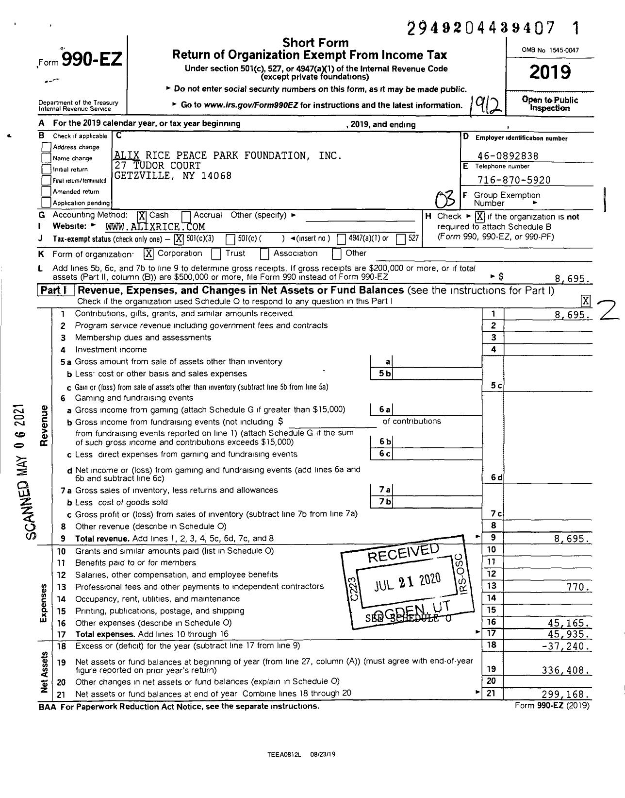 Image of first page of 2019 Form 990EZ for Alix Rice Peace Park Foundation