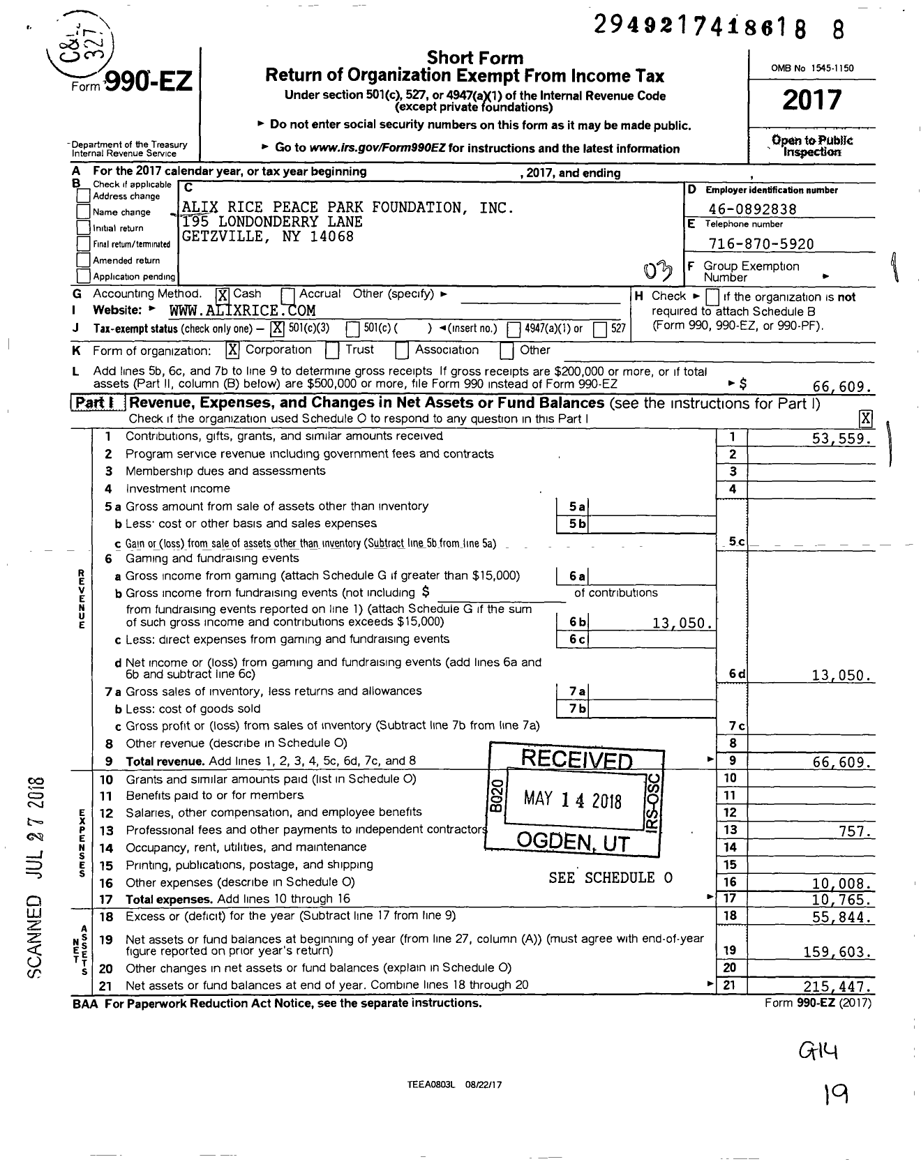 Image of first page of 2017 Form 990EZ for Alix Rice Peace Park Foundation